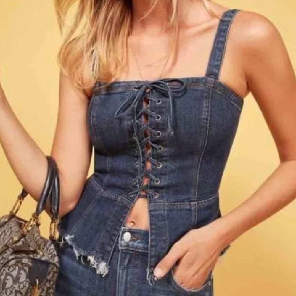 Reformation Blue Denim Square Neckline Bustier Tie Front